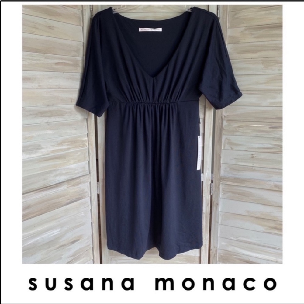 Susana Monaco Dress Midnight Blue Gathered Vee V-Neck NEW size Medium M NWT
